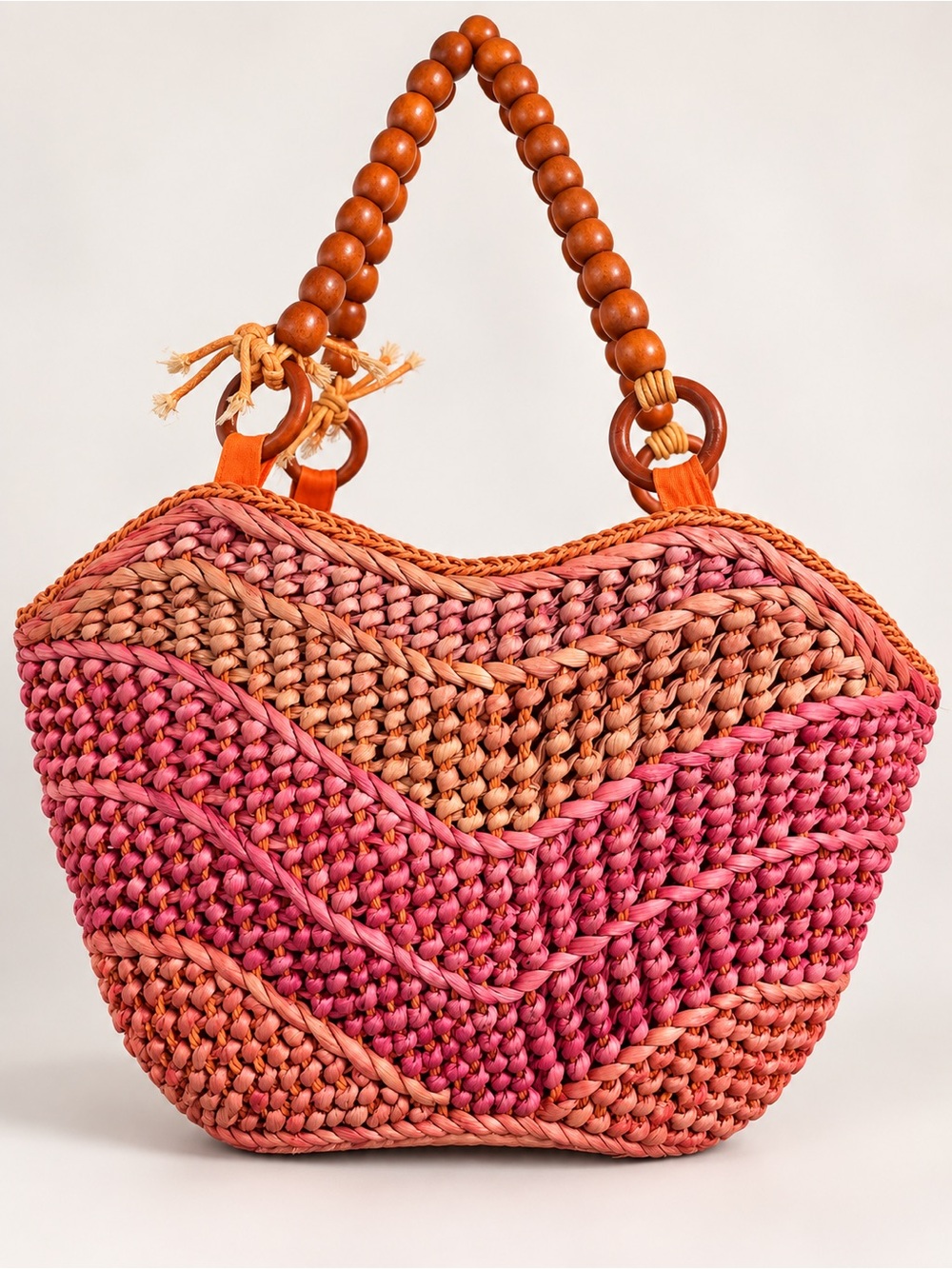 Coldwater Creek Pink Orange Woven Straw Bead Handle Tote Bag